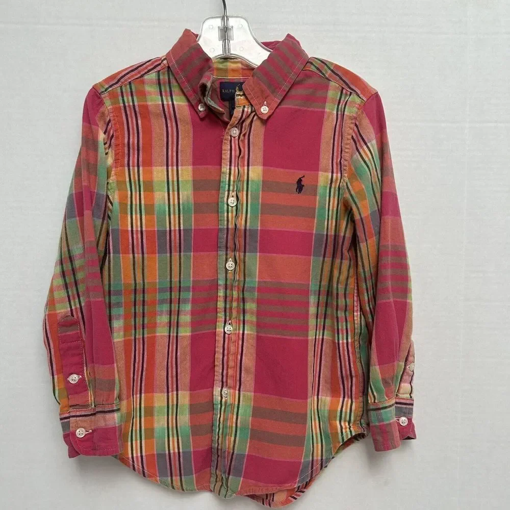 Ralph Lauren Pink Multicolored‎ Boys Madras Plaid Long Sleeve Cotton Shirt 4T/4